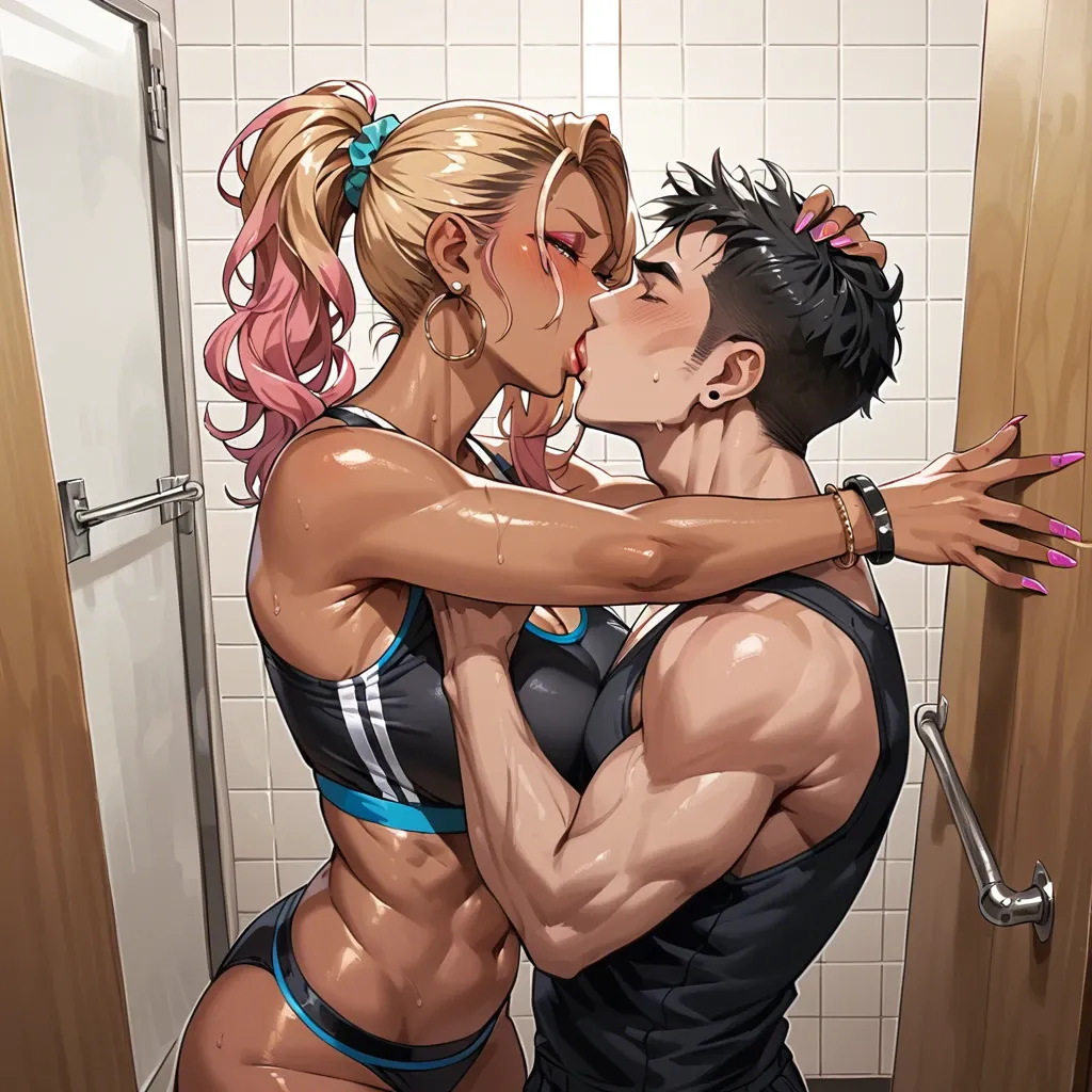 1boy,gyaru,black sports bra,sports thong,fitting room, petting, kiss