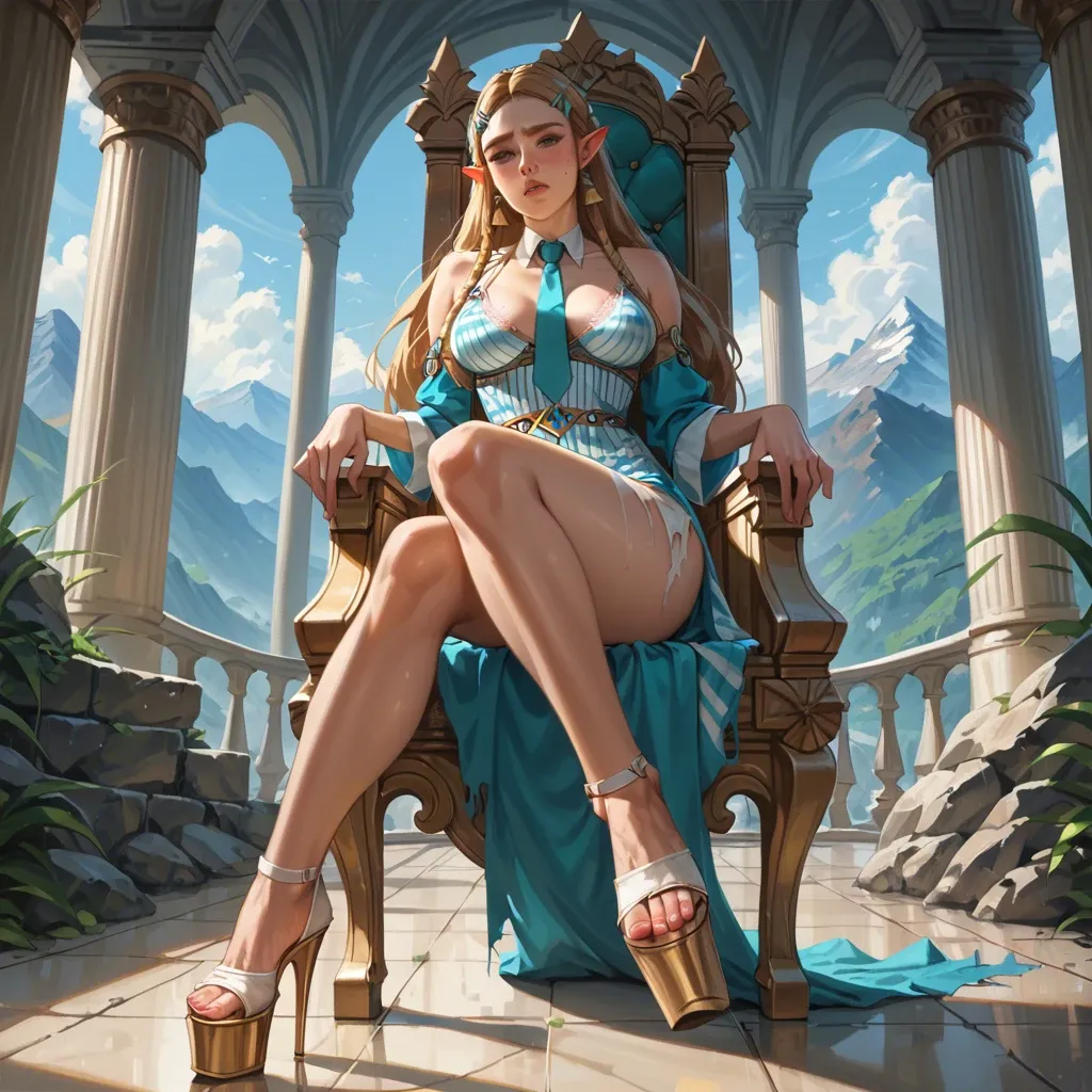 1girl,solo, , , , freckled face,perfect feet,medium tits,breast,detailed skins, torn dress,striped clothes,aqua necktie,sexy lingerie,platform heels, mountain, throne room, princess zelda, jasmine, ariel waifu