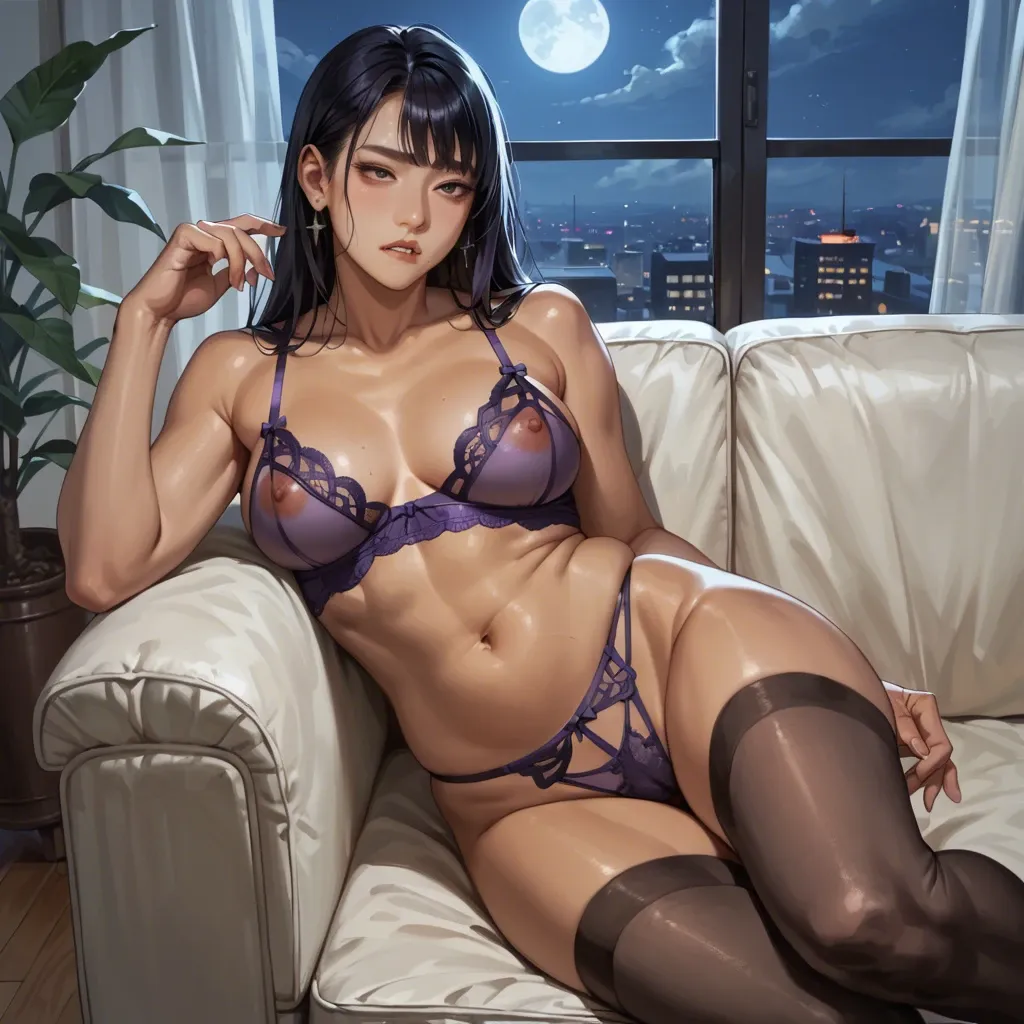 Purple lingerie, black stockings,dark skin,asian, window light, teen,anime, seductive lip biting, couch, night light, panties to the side, healthy weight , black hair, strong