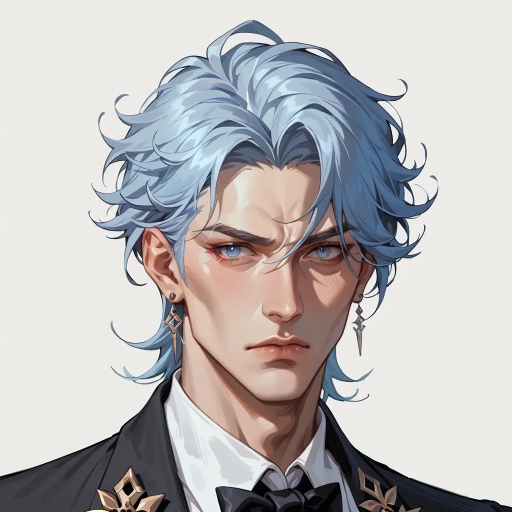 1 boy, solo,,, bust portrait, cheekbones, staring down at camera, neutral expression, older man, elegant, facing forward, slender face, dottore genshin impact, light blue hair, front facing