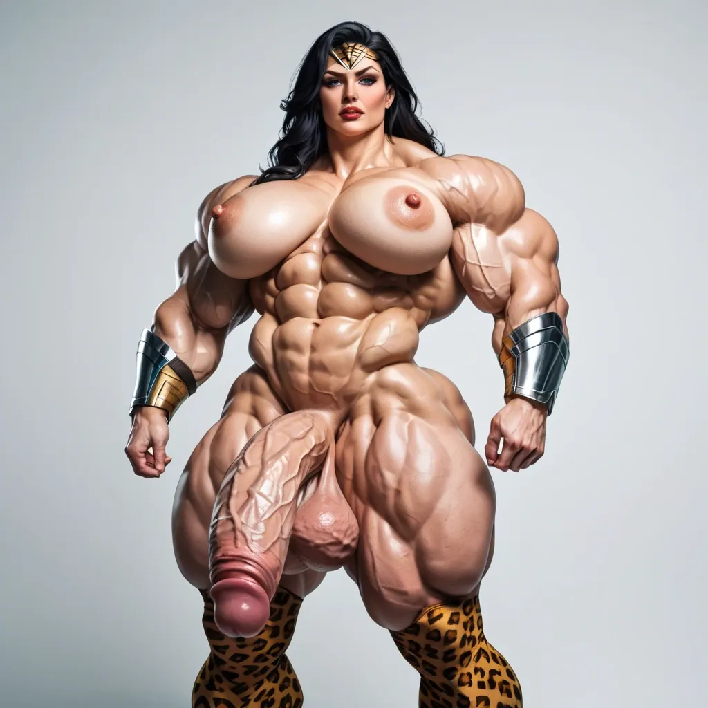 Man muscle huge cock , wonder woman futa cock fuck, Massive bodybuilding female, massive muscular trapèze, massive muscular épaule, massive musclar biceps, nude , muscle abdos, hyper muscular legs, Leopard Print Stockings