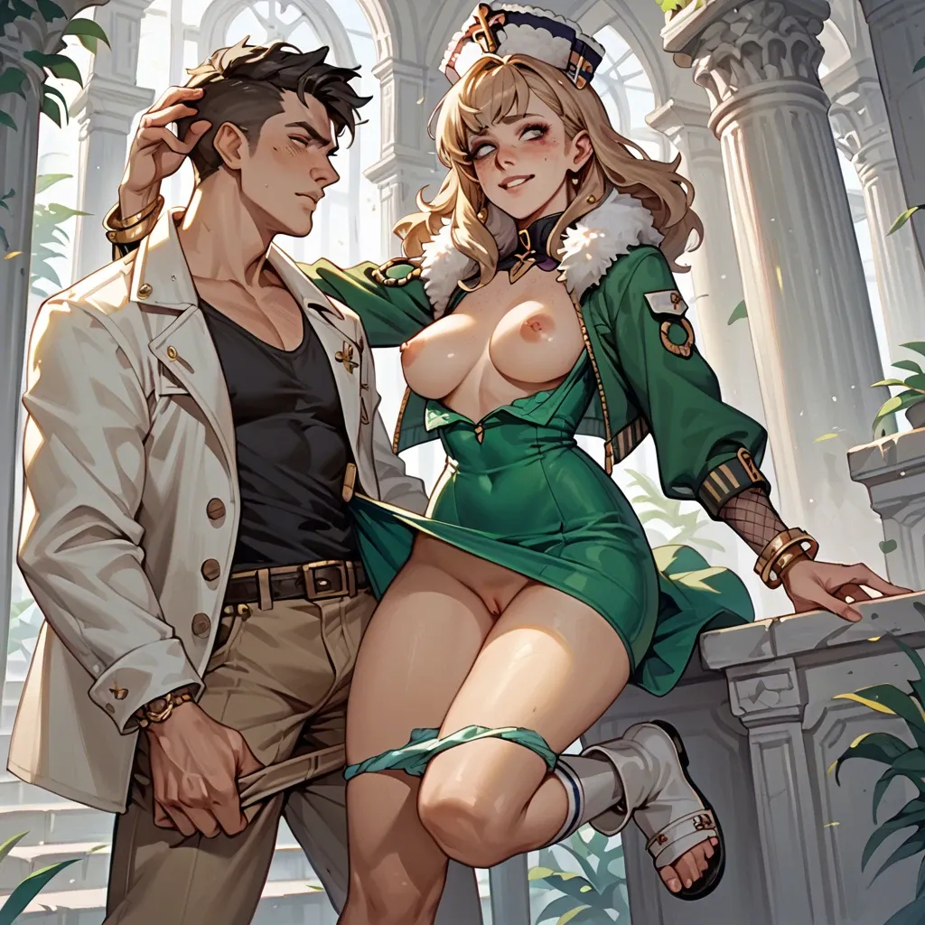 1girl,1boy, , , , freckled face,perfect hand,areolae,thin waist,skin, open jacket,socks,fur hat,panties down,white boots, dress,fishnet,gold bracelets,green swimsuit,sandals, barbara, sparkles, cyberpunk, detailed penis, dark makeup, linked