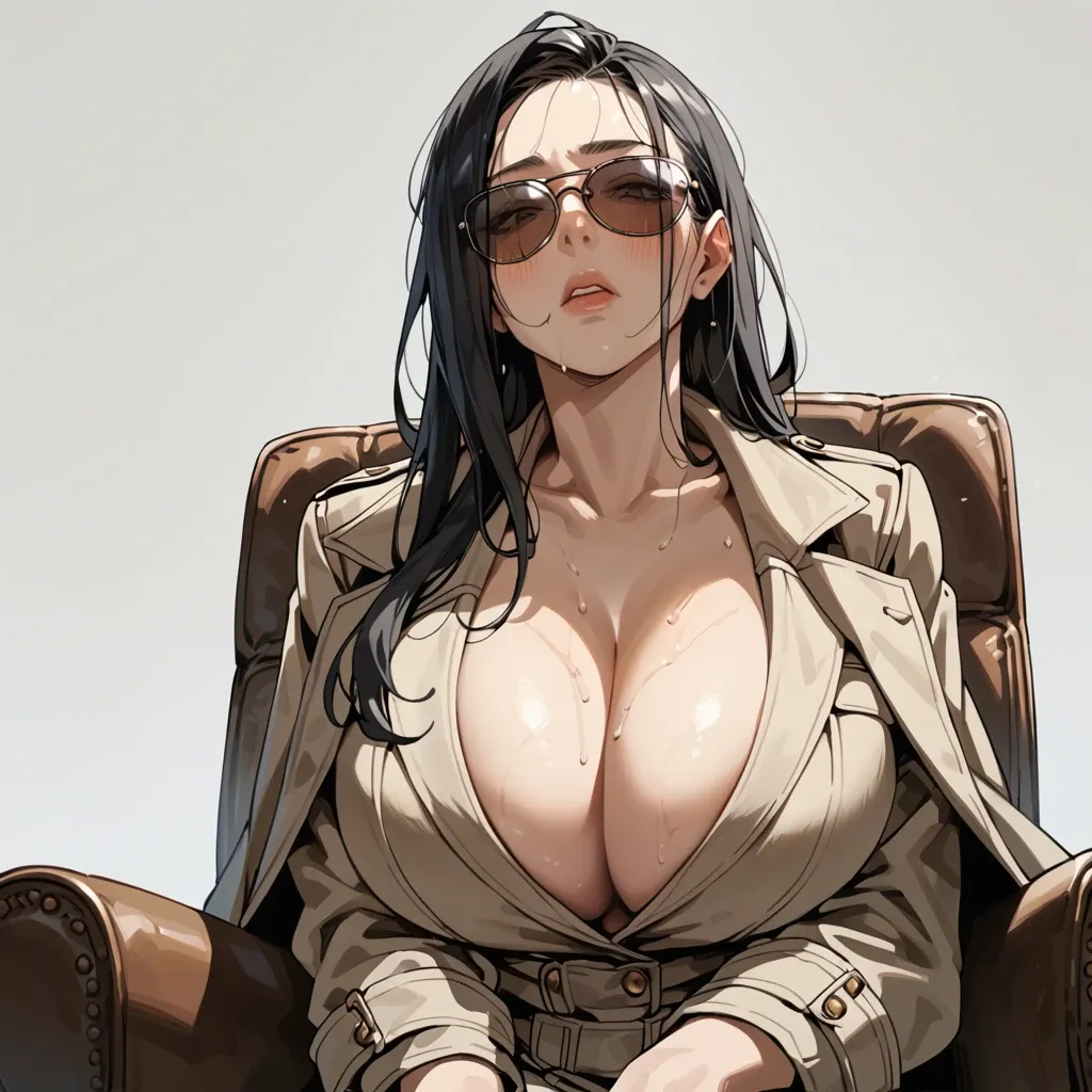 solo,front view,looking down,low angle,blush,close up,face focus,sitting on chair,arm support,leaning forward,cleavage,sunglasses,breast focus,curvy,trench coat,huge breasts,black long hair,simple background,