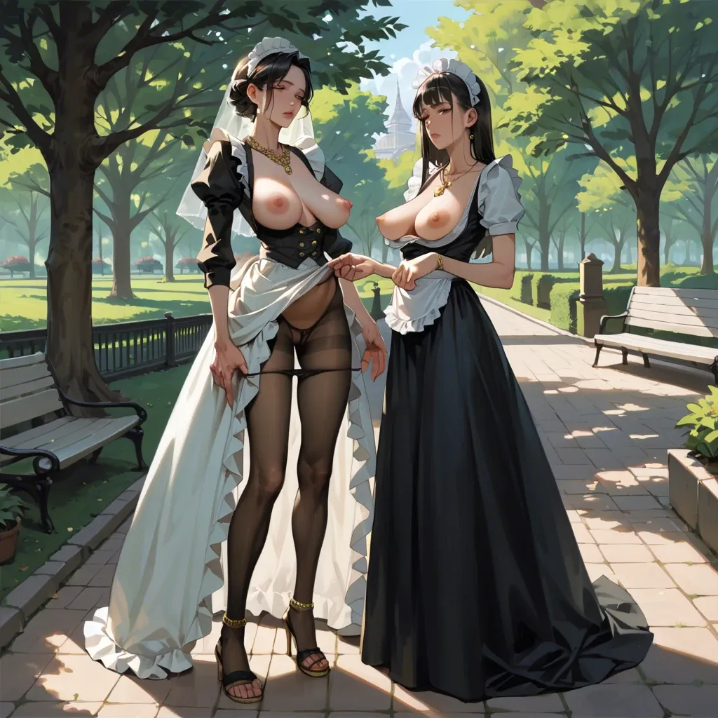 2girl, , , , slit pupils,big hands,saggy breasts,abdominal,necklace, long dress,gold anklets,maid hat,thong,sandals, shirt open,pantyhose pull,veil,no bra,high heels, bedroom, park, spaceship, uncomfortable, painted, night, tifa lockhart, spider-gwen, hinata