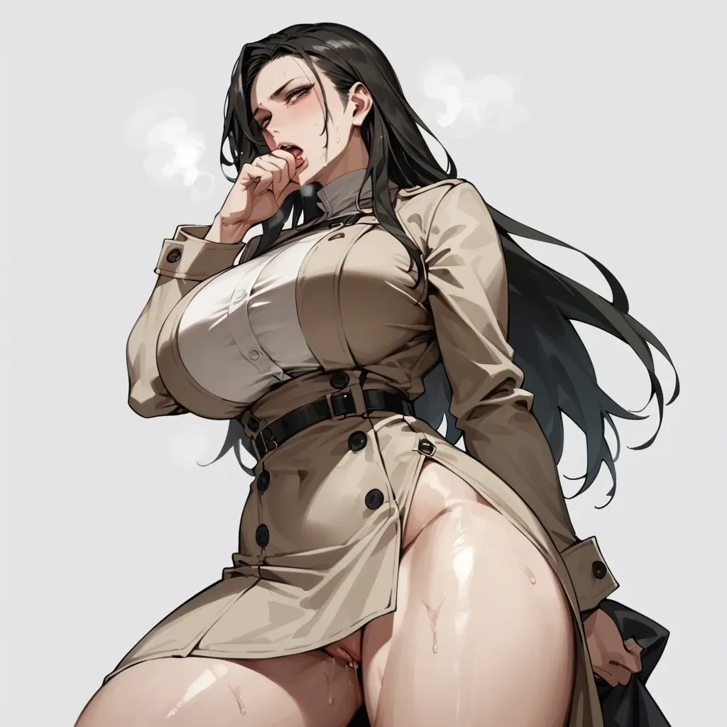 solo,low angle,canted angle,dutch angle,in heat,hand between legs,hand to own mouth,asymmetrical hair,standing,curvy,long sleeves  trench dress,huge breasts,black long hair,simple background,