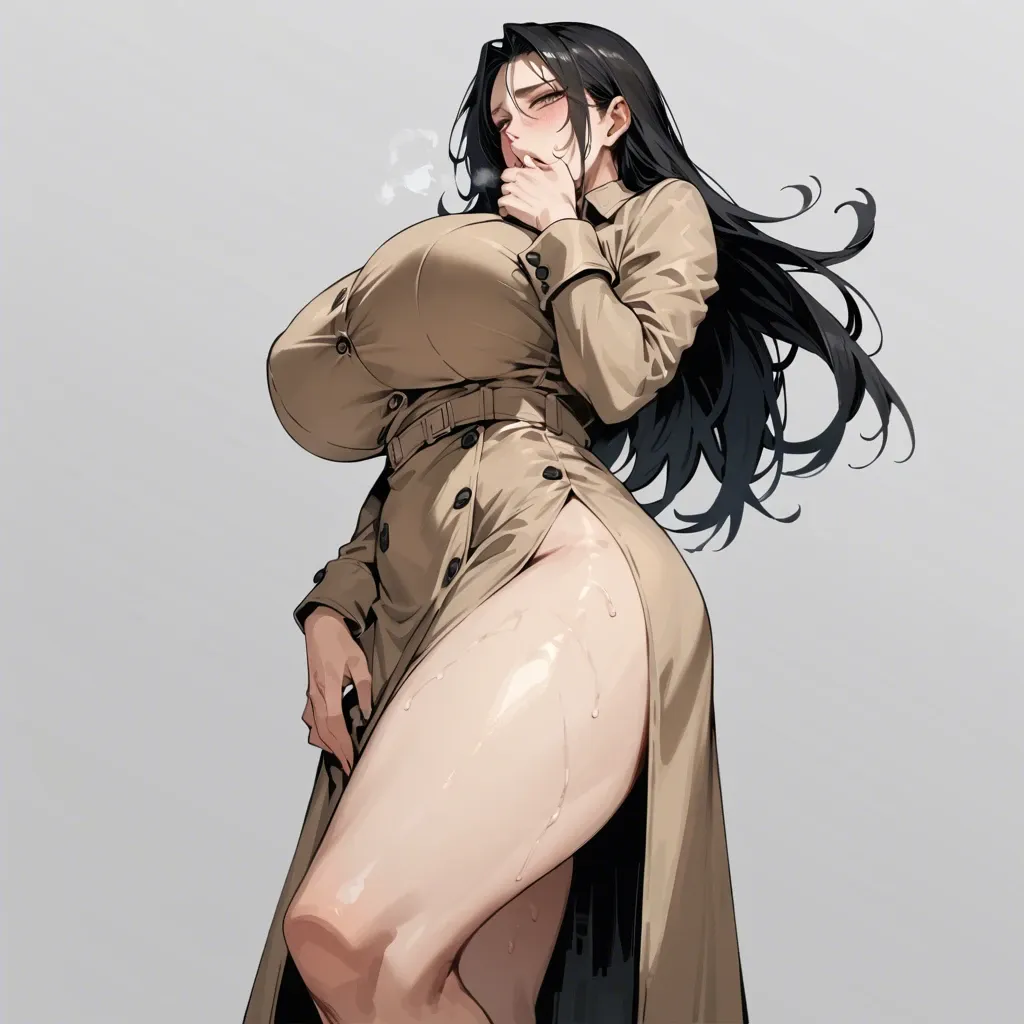 solo,side view,low angle,in heat,hand between legs,hand to own mouth,standing,curvy,trench dress,huge breasts,black long hair,simple background,