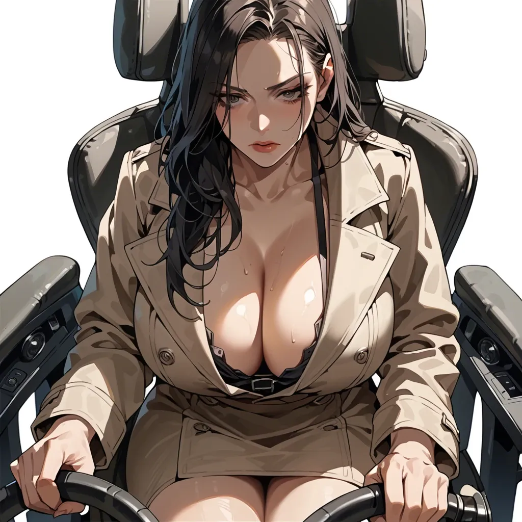 solo,front view,looking down,close up,face focus,sitting on chair,holding steering wheel.leaning forward,cleavage,breast focus,curvy,trench coat,huge breasts,black long hair,simple background,