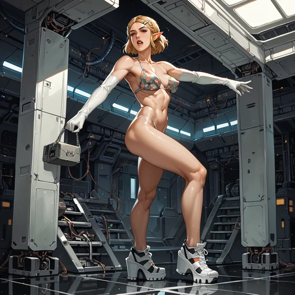 1girl,solo, , , , grit the teeth,platform heels,erect nipples,babe,wrists, grey shirt,striped,long gloves,floral bikini,sneakers, bare shoulders, spaceship, robot girl, zelda, waifu, naked