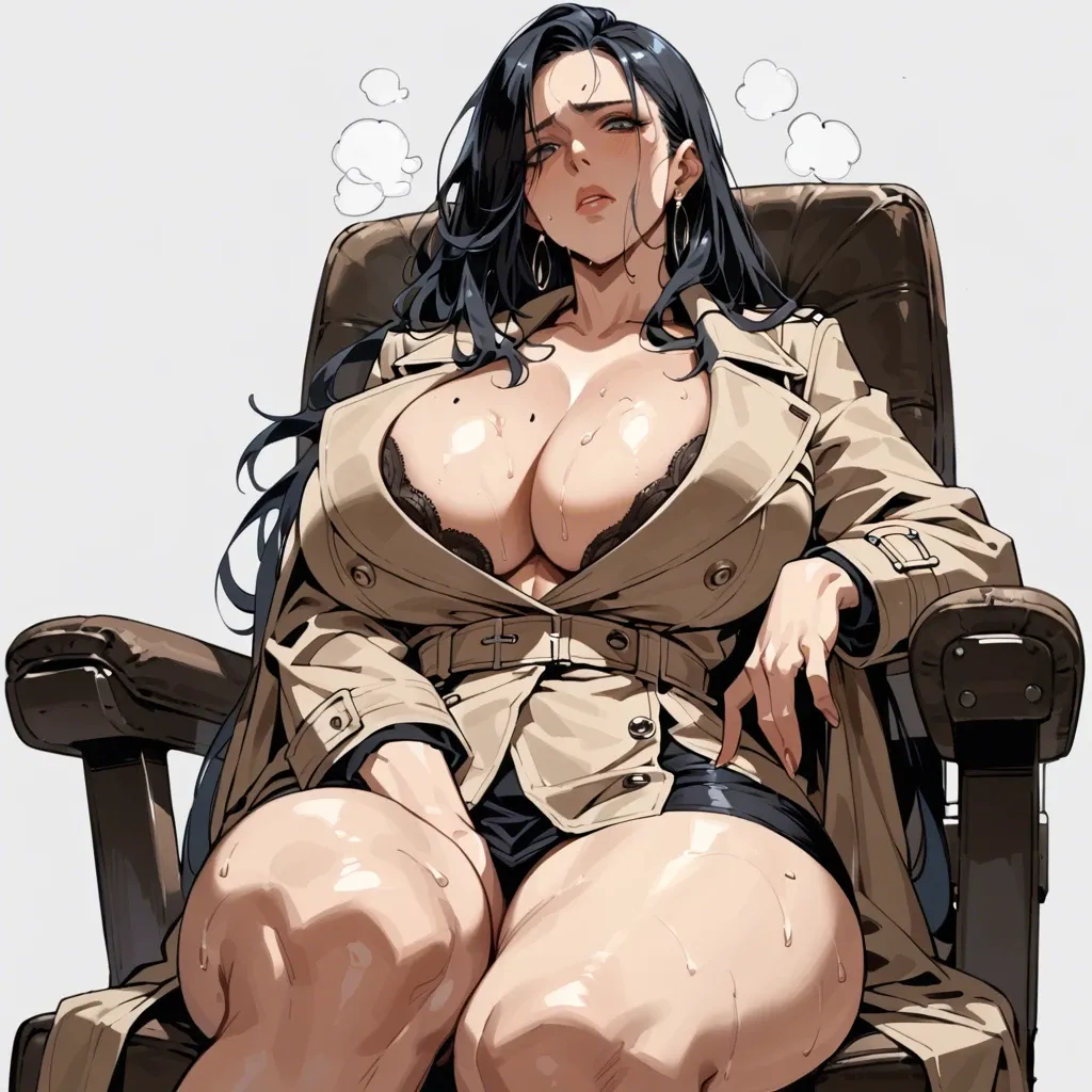 solo,front view,low angle,in heat,sitting on chair,hand between legs,leaning back,cleavage,breast focus,curvy,trench coat,huge breasts,black long hair,simple background,