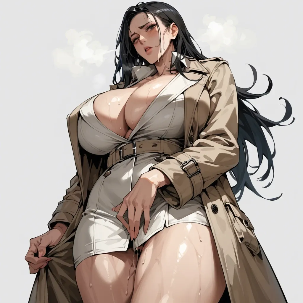 solo,side angle,low angle,in heat,hand between legs,standing,cleavage,breast focus,curvy,trench coat,huge breasts,black long hair,simple background,