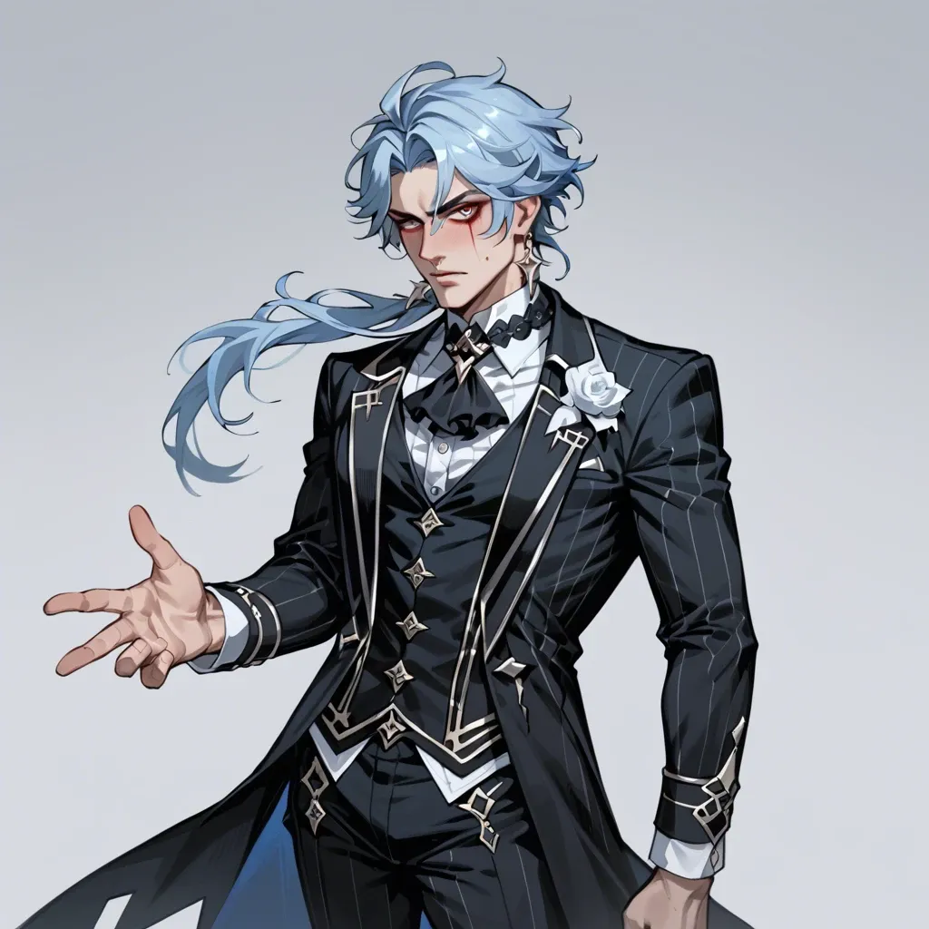 1boy, solo,,, dottore genshin impact, light blue hair, standing pose, elegant suit, gothic suit, left eye blind and scarred