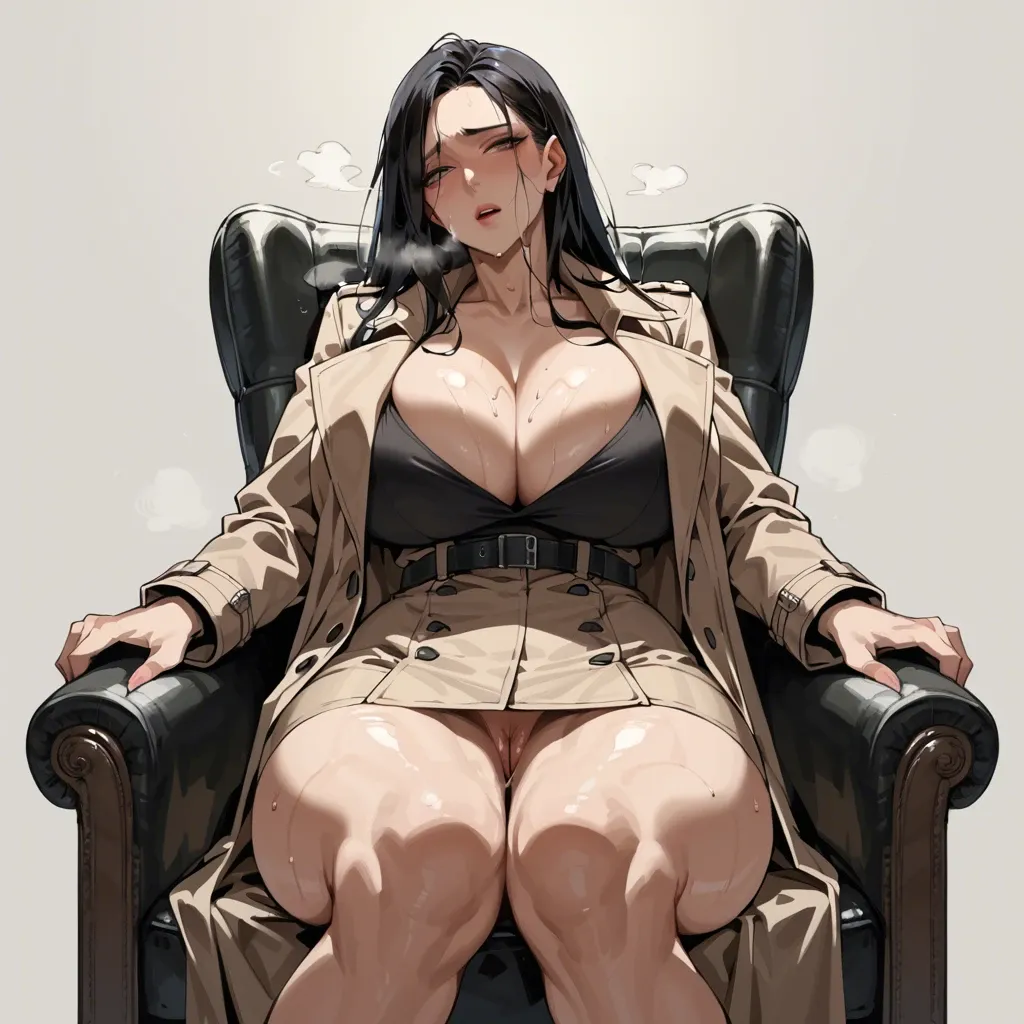 solo,front view,in heat,leaning back,sitting on chair,cleavage,breast focus,curvy,trench coat,huge breasts,black long hair,simple background,