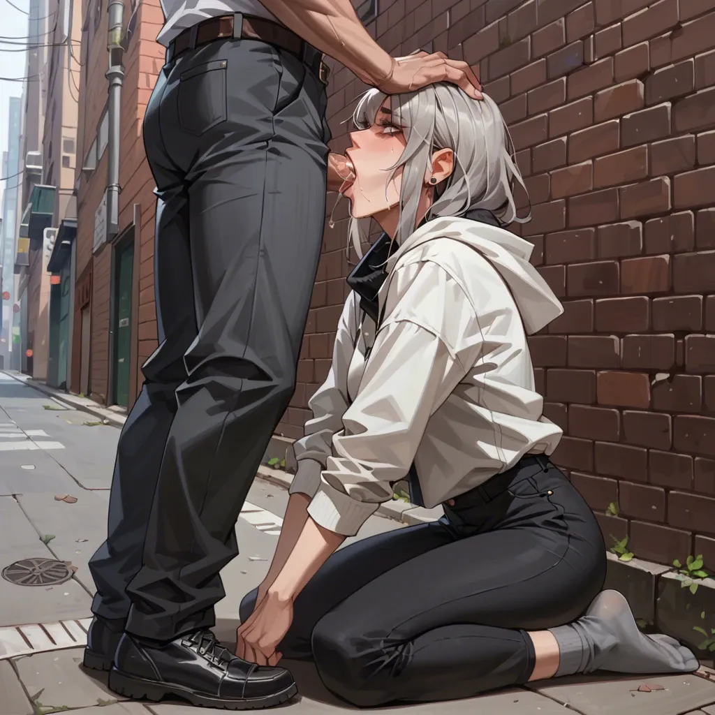 Paid homeless girl with Grey hair and gray underwear Grey socks black pants blowjob alleyway