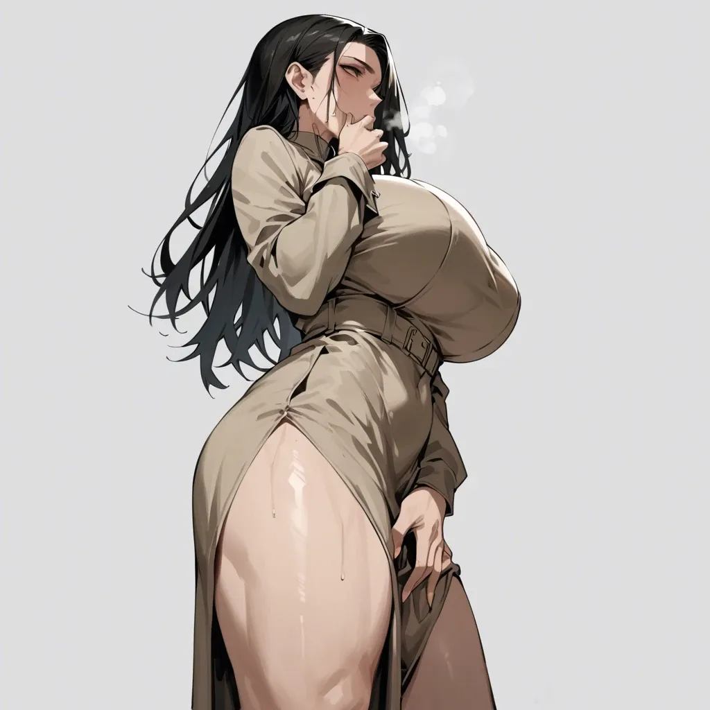 solo,side view,low angle,in heat,hand between legs,hand to own mouth,asymmetrical hair,standing,curvy,long sleeves  trench dress,huge breasts,black long hair,simple background,