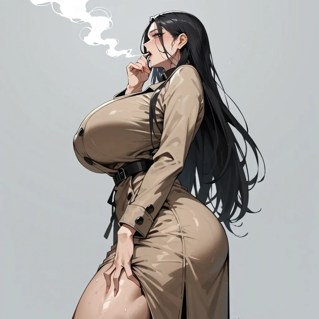 solo,side view,low angle,in heat,hand between legs,hand to own mouth,standing,curvy,trench dress,huge breasts,black long hair,simple background,