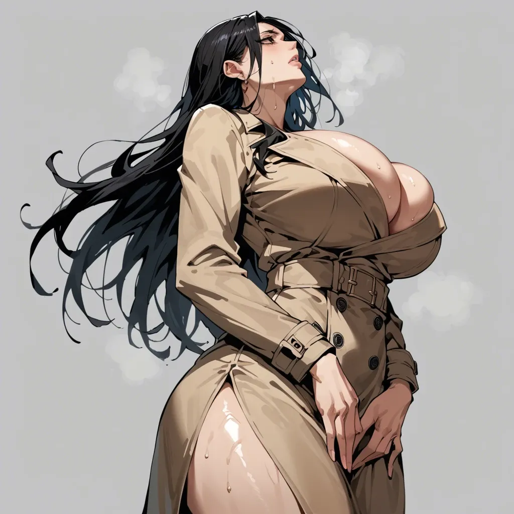 solo,side view,low angle,in heat,hand between legs,standing,cleavage,breast focus,curvy,trench dress,huge breasts,black long hair,simple background,