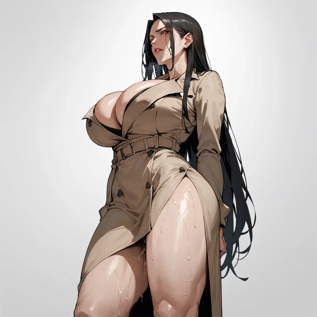 solo,side view,low angle,in heat,hand between legs,standing,cleavage,breast focus,curvy,trench dress,huge breasts,black long hair,simple background,