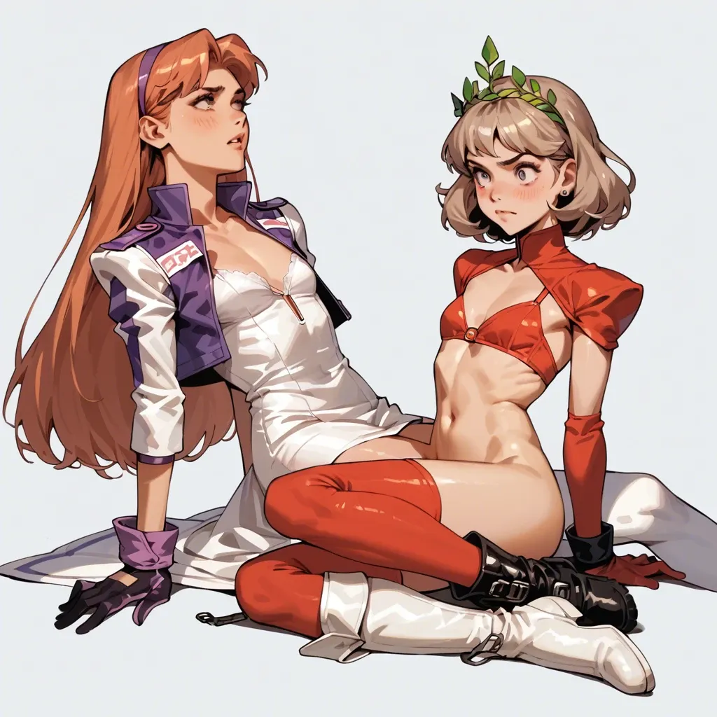 2girl, , , , rosy cheeks,bound ankles,flat chest,absurdres,shoulder, dress,red thighhighs,racing gloves,one-piece,white boots, cropped jacket,white socks,laurel crown,bra,black boots, bare, daphne blake, cyberpunk, detailed eyes, dark alleyway, linked