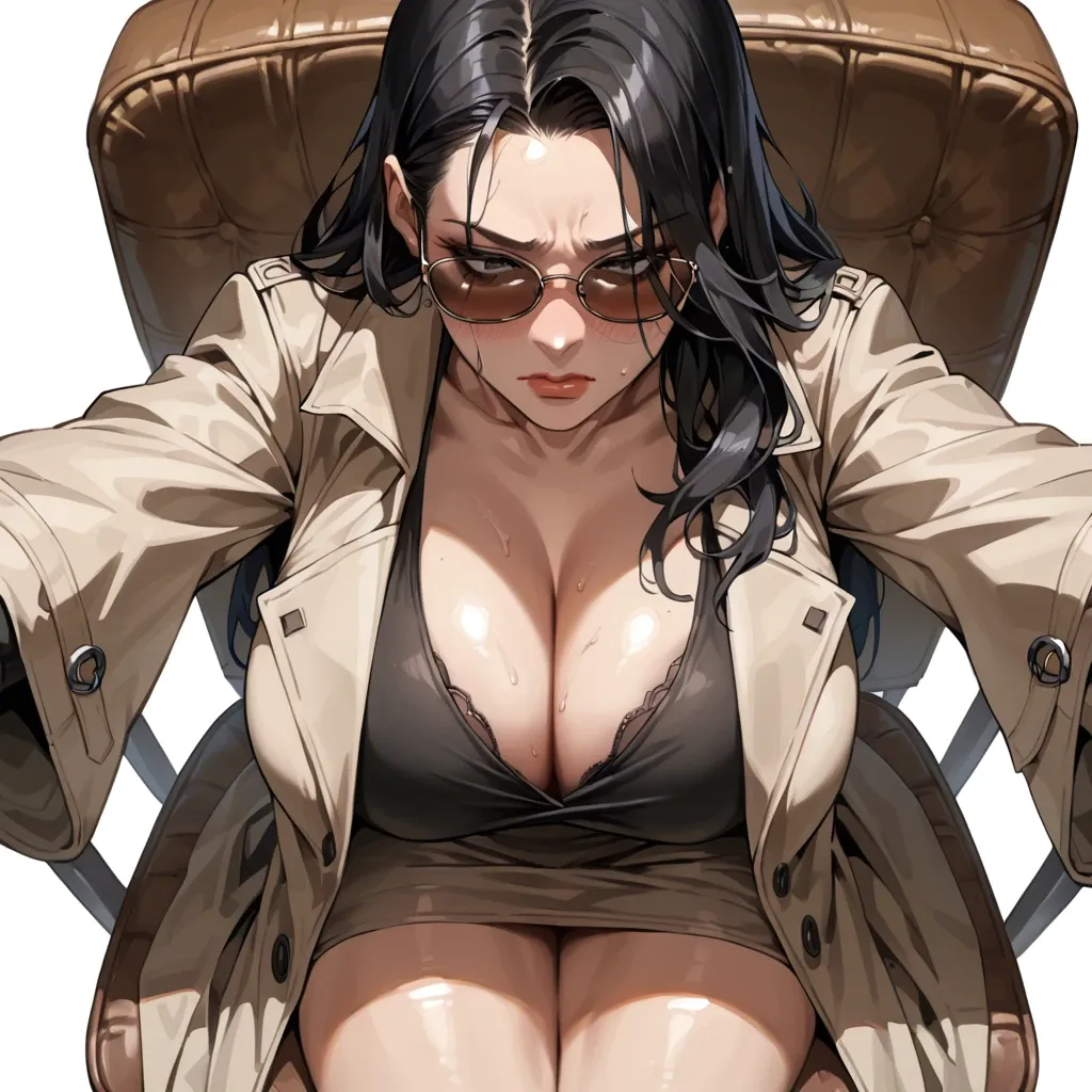 solo,front view,looking down,high angle,blush,close up,face focus,sitting on chair,outstretched arms,leaning forward,cleavage,sunglasses,breast focus,curvy,trench coat,huge breasts,black long hair,simple background,