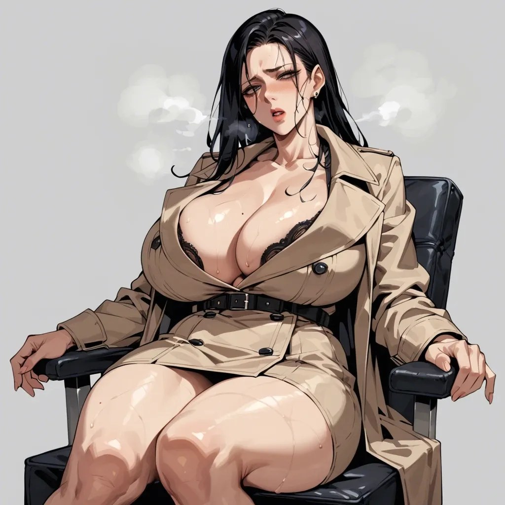 solo,front view,in heat,looking side,leaning back,sitting on chair,cleavage,breast focus,curvy,trench coat,huge breasts,black long hair,simple background,