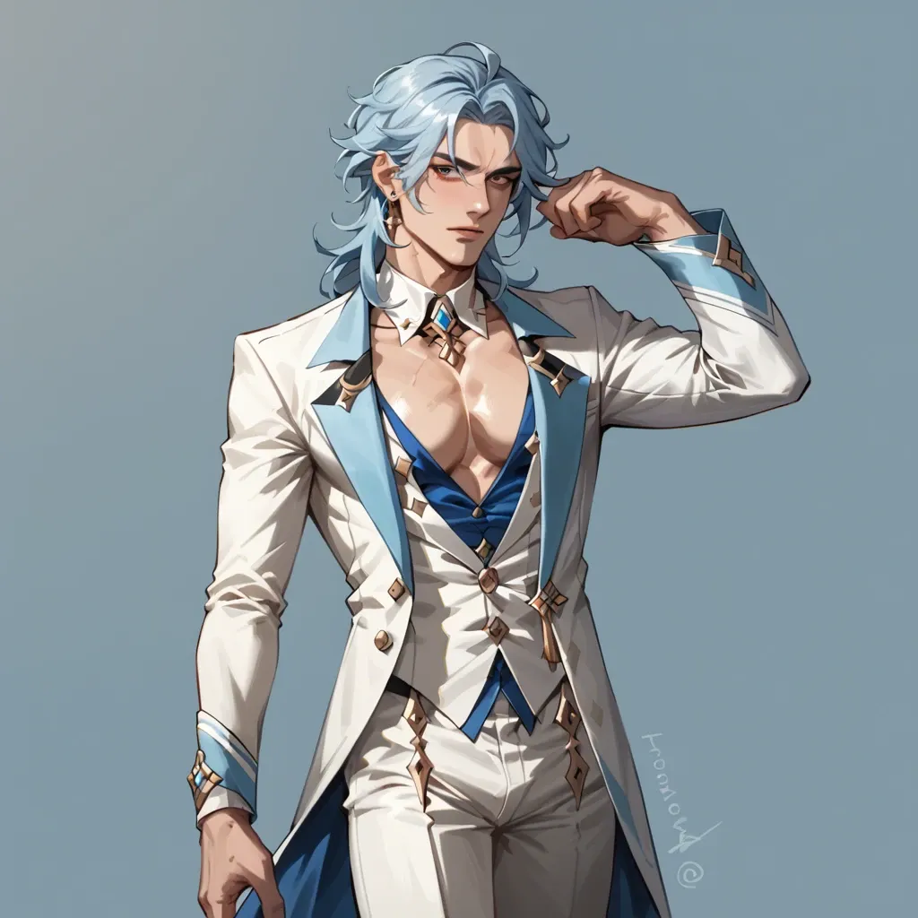 1boy, solo,,, dottore genshin impact, light blue hair, standing pose, elegant clothes, left eye blind and scarred