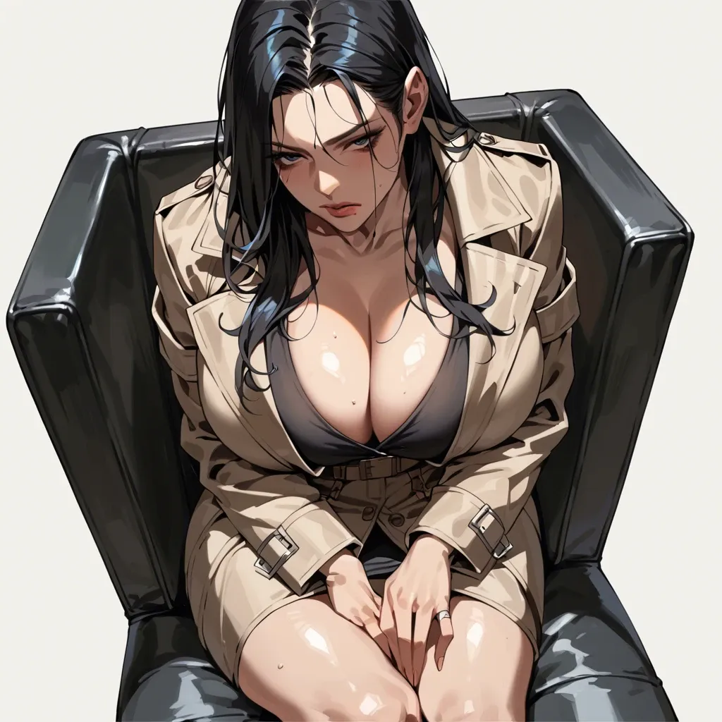 solo,looking side,high angle,sitting on chair,leaning forward,cleavage,breast focus,curvy,trench coat,huge breasts,black long hair,simple background,