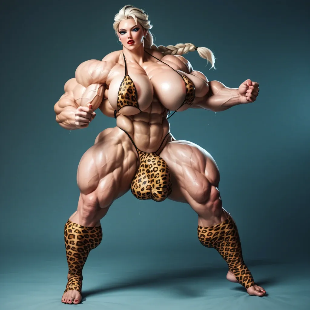 Elsa futa huge cock bulge, Massive bodybuilding female, massive muscular trapèze, massive muscular épaule, massive musclar biceps, nude , muscle abdos, hyper muscular legs, Leopard Print Stockings