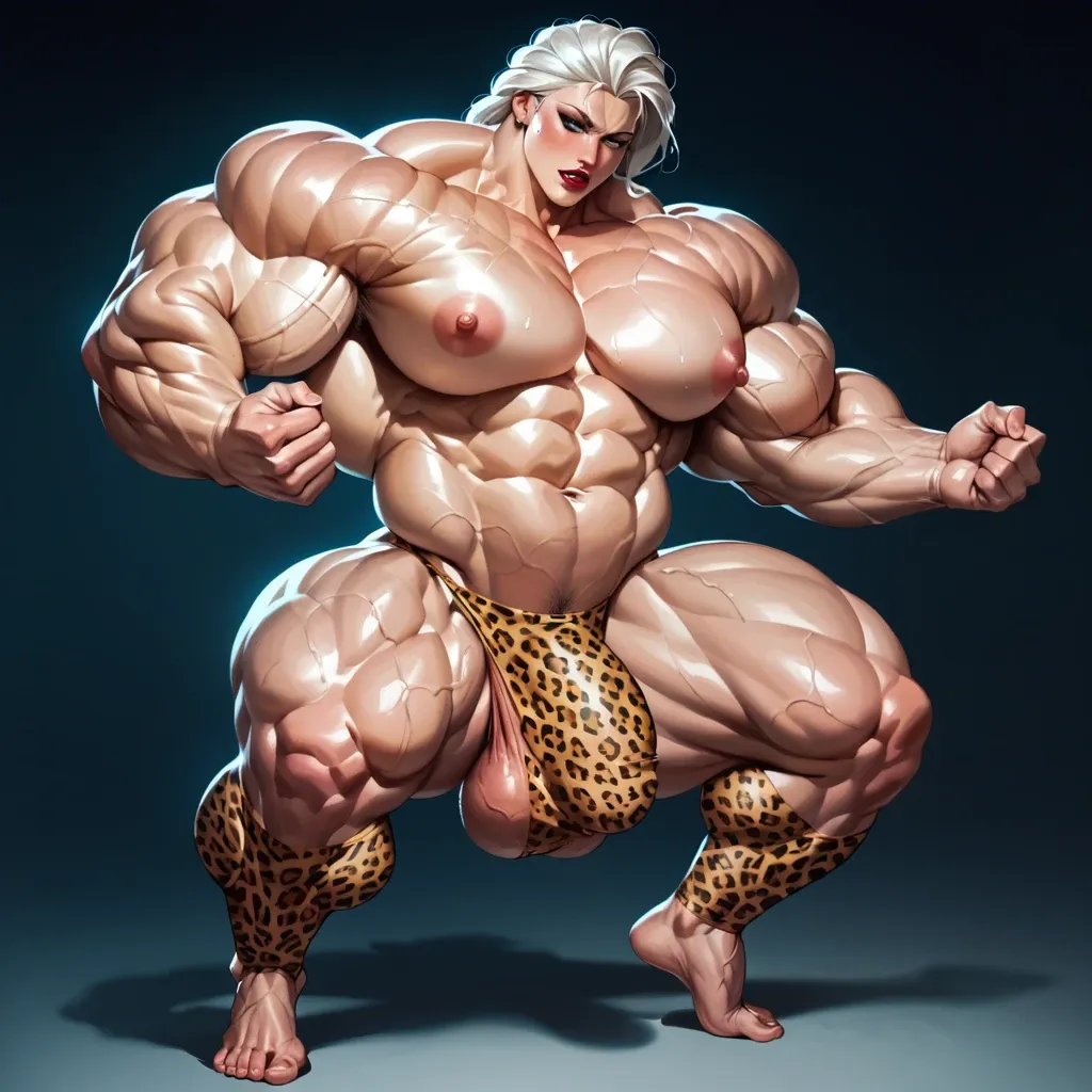 Elsa futa giant cock bulge, Massive bodybuilding female, massive muscular trapèze, massive muscular épaule, massive musclar biceps, nude , muscle abdos, hyper muscular legs, Leopard Print Stockings