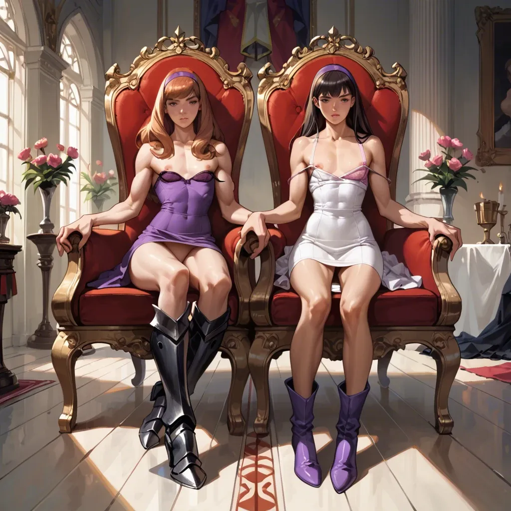 2girl, , , , areolae slip,large biceps,flat chest,slim waist,flesh mutant, sundress,pantyhose pull,collared,pulled bra,armored boots, gymnast, daphne blake, throne room, multiple dildos, hands on table, digital art, dark skin man, zelda, elsa, reinhardt