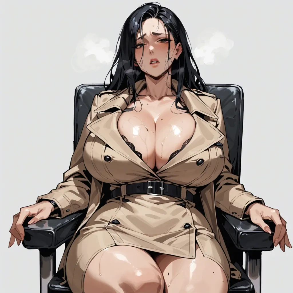 solo,front view,in heat,leaning back,sitting on chair,cleavage,breast focus,curvy,trench coat,huge breasts,black long hair,simple background,