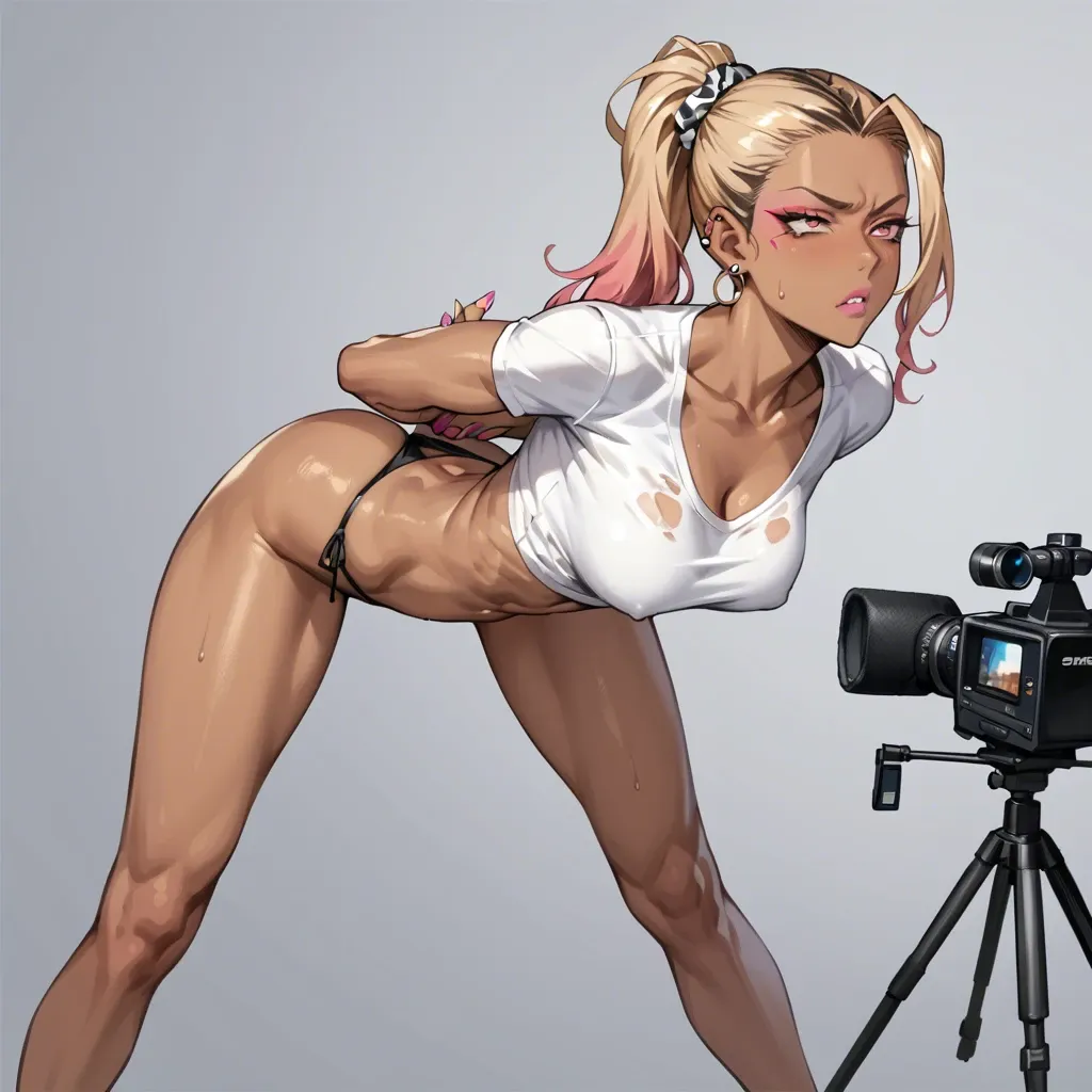 1 boy,gyaru,black thong,skinny, casting studio,white top,stretching,serious face,hands behind back, bent over,oiled body