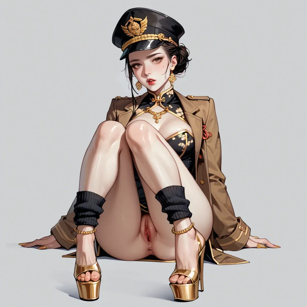 1girl,solo, , , , china dress,hand focus,perky breast,cozy background,white skin, cocktail dress,gold anklets,military hat,corset,platform heels, brown jacket,leg warmers,golden necklace,thongs,sandals, showering, medieval dress, spider-gwen