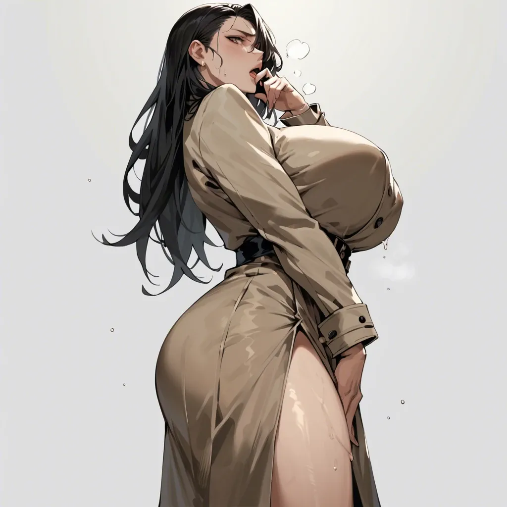 solo,side view,low angle,in heat,hand between legs,hand to own mouth,asymmetrical hair,standing,curvy,long sleeves  trench dress,huge breasts,black long hair,simple background,