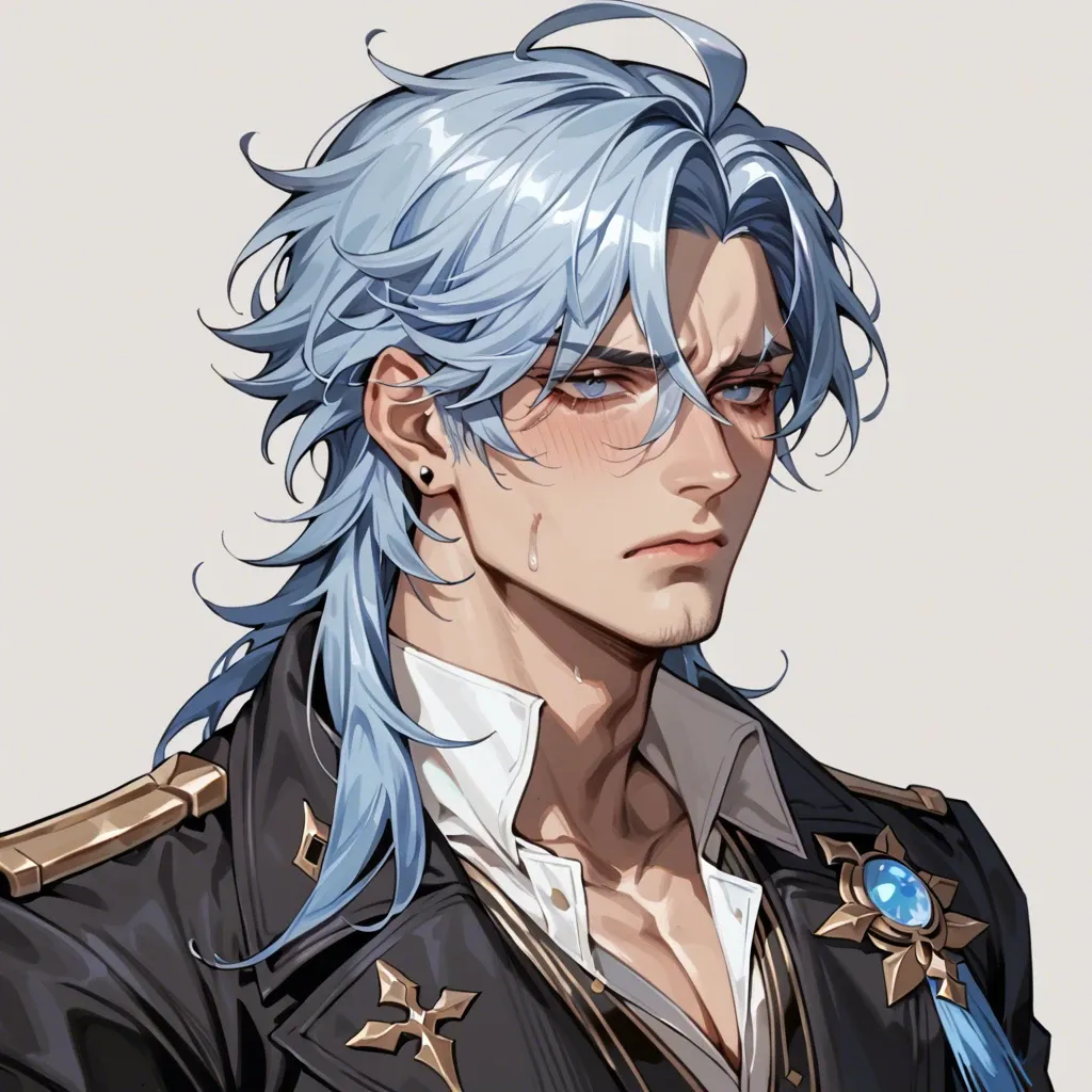 1boy, solo,,, dottore genshin impact, light blue hair, bust shot, pensive look, sad look