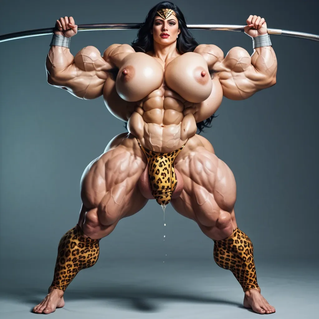 wonder woman futa huge cock bulge, Massive bodybuilding female, massive muscular trapèze, massive muscular épaule, massive musclar biceps, nude , muscle abdos, hyper muscular legs, Leopard Print Stockings