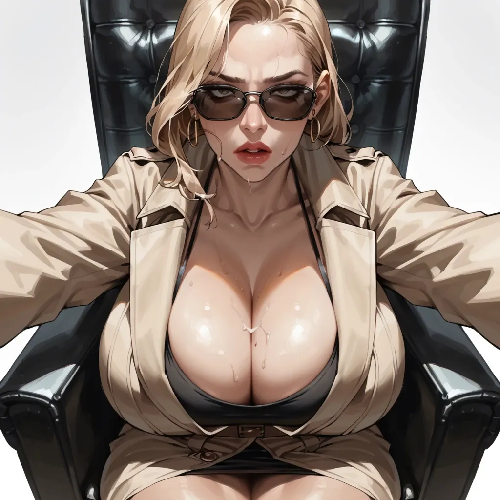 solo,front view,looking down,high angle,seductive,close up,face focus,in heat,sitting on chair,frontstretched arms,arousedleaning forward,cleavage,sunglasses,breast focus,curvy,trench coat,huge breasts,black long hair,simple background,