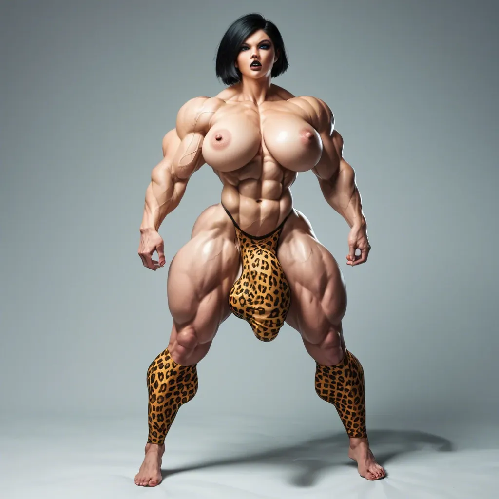 Kim possible futa hyper cock bulge, Massive bodybuilding female, massive muscular trapèze, massive muscular épaule, massive musclar biceps, nude , muscle abdos, hyper muscular legs, Leopard Print Stockings