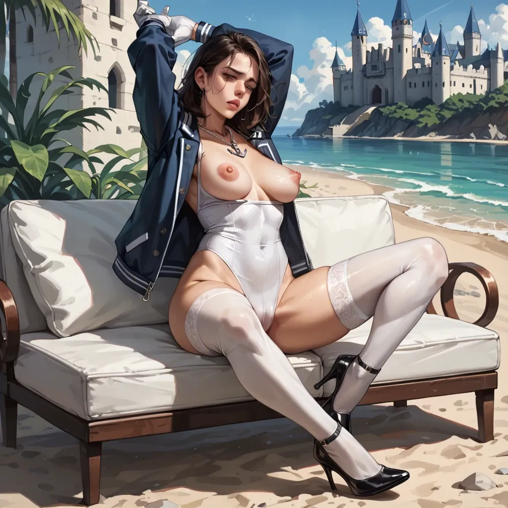 1girl,solo, , , , outstretching,two-handed,thick nipples,arching back,anchor necklace, open jacket,stockings,white gloves,string bodysuit,stiletto heels, school bathroom, on beach, castle, sit on a couch, mario, waifu