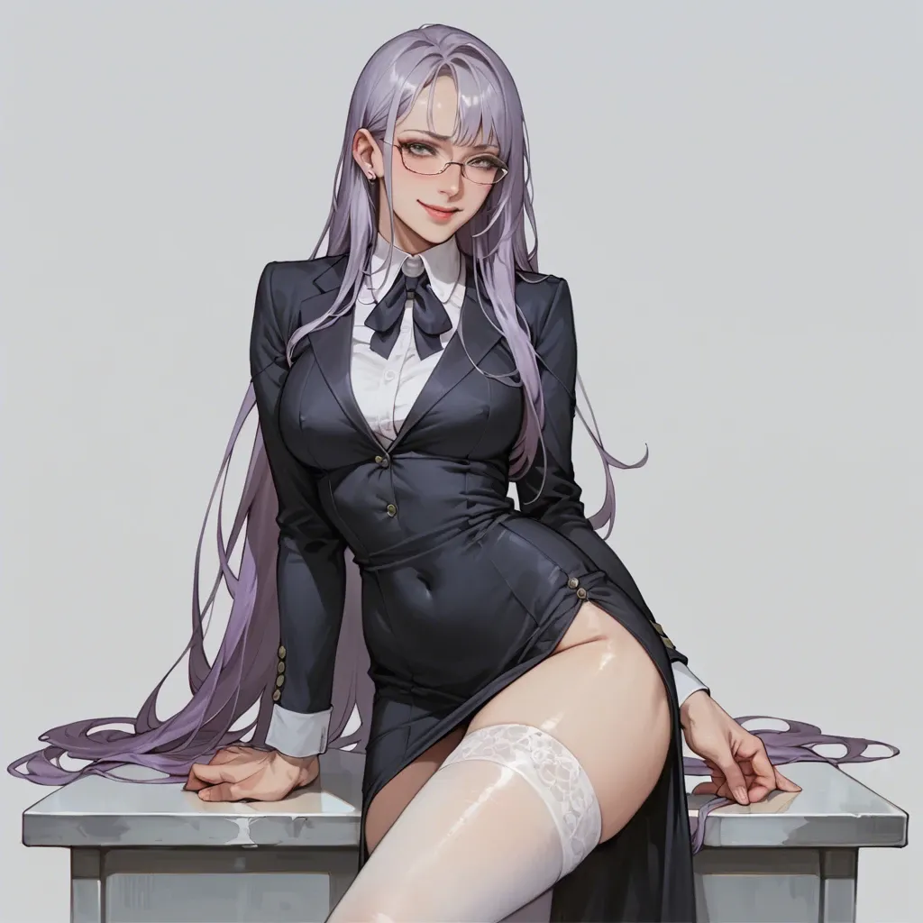 1girl, smile, long hair, gray eyes,glasses, purple hair,, sayaka yumi , very long hair,, lips,secretary dress,white high stockings