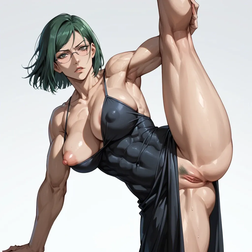 maki zenin jujutsu kaisen, green hair, large round glasses, puffy nipples, large rounded breasts, front view, looking straight forward at viewer, abs, slightly muscular, ballroom, (spaghetti strap thigh split black dress: 1.3), black chocker, cleavage, singular black forearm sleeve, form fitting clothes, massive thighs, wide hips, amber eyes, waist, tight waist, dimly glowing eyes, pout, pouting, pouting lips, close up, covered abs, singular thigh split, messy bangs, round face, thick thighs, bubble butt, perfect face, perfect thick long legs, white hair, alice nakiri, sexy slim abs, fishnet, high platform sandals, big tits, big nipples, 4k, high quality, bathroom, perfect face, perfect anatomy,