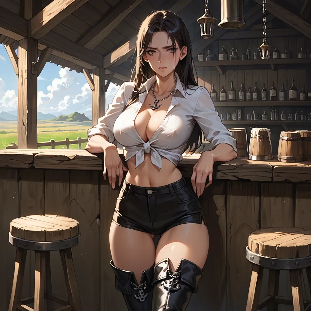 1girl,solo, , , , high cheekbones,hands down,big tits,thin waist,deep skin, formal shirt,black stockings,anchor necklace,no panties,thigh boots, bare midriff, field, tavern, stool, anime coloring, dark eyeliner, linked collars, ariel waifu