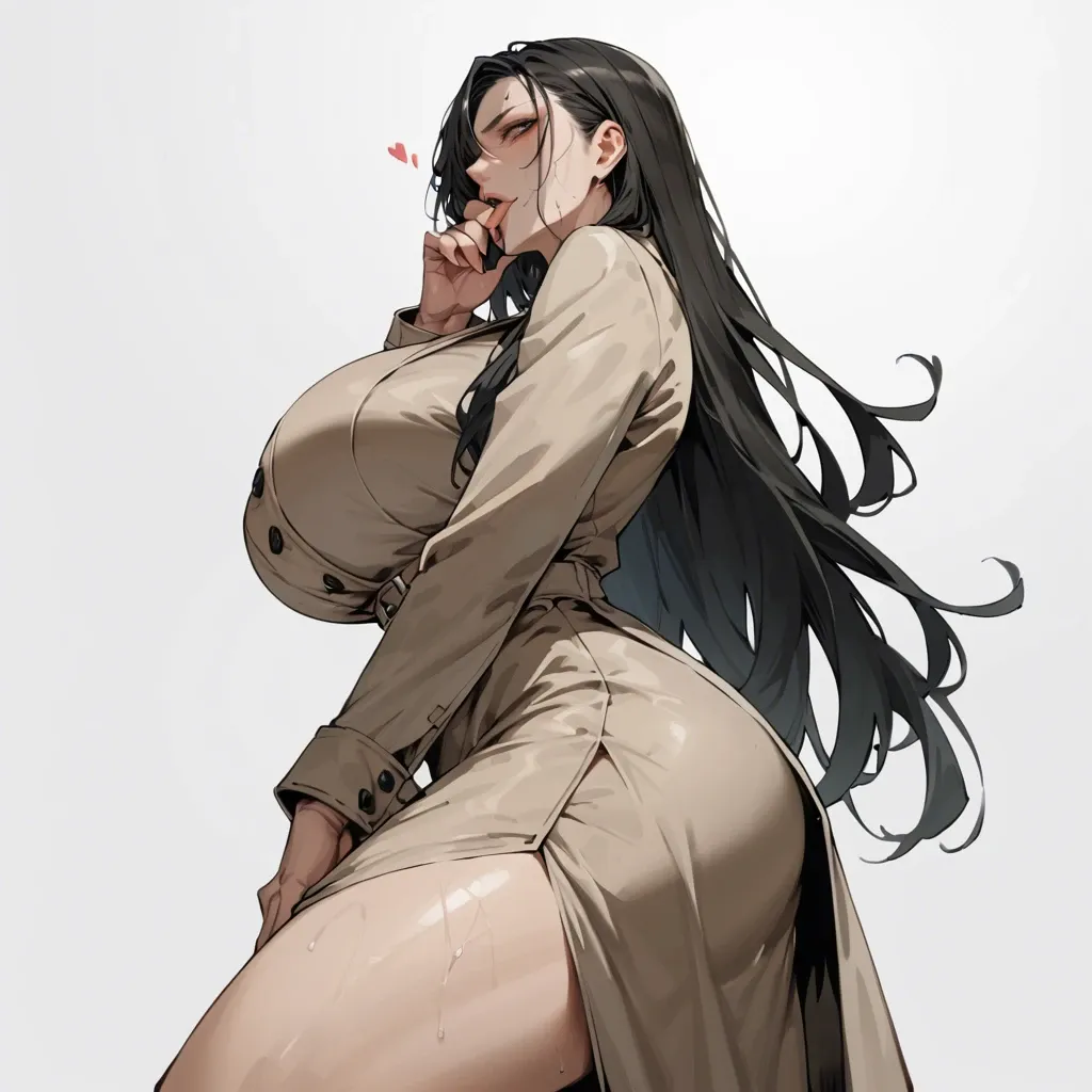 solo,side view,low angle,in heat,hand between legs,hand to own mouth,asymmetrical hair,standing,curvy,trench dress,huge breasts,black long hair,simple background,