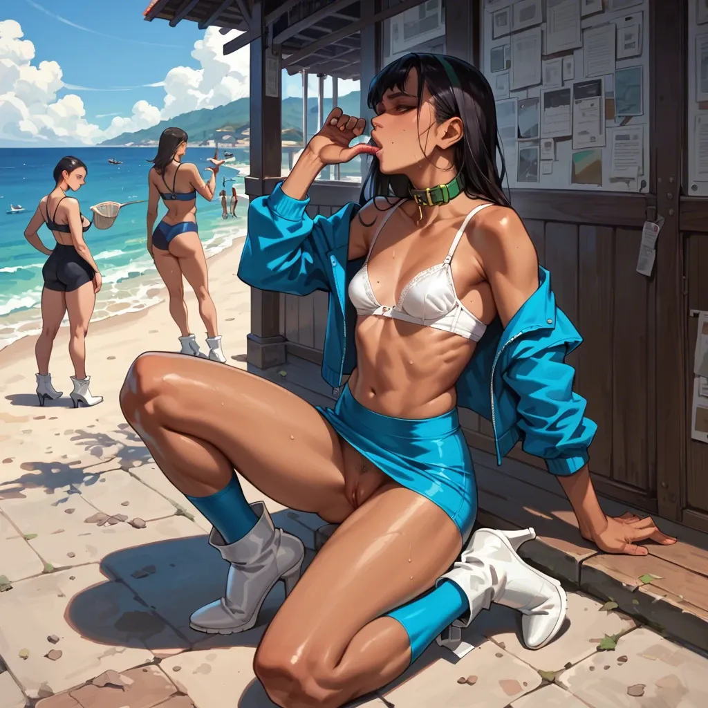 2girl, , , , sexy mole,amazing thighs,flat chest,breast feeding,tanned, group watching,high heels,medium breasts,background sea,colored skin, costume,leggings,green collar,loose bra,white boots, blue shirt,anklets,beanie,one-piece,strappy sandals, water sparkles, castle exterior, linked, ariel, dynamic