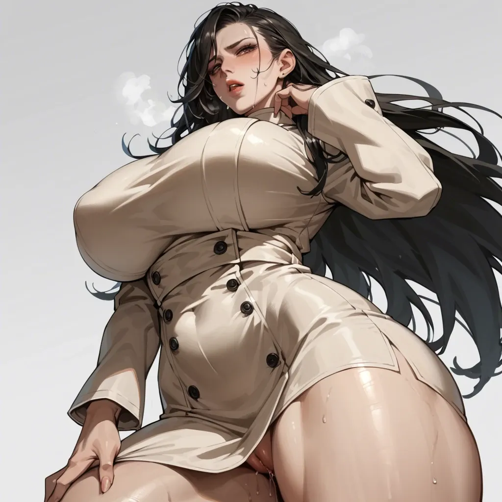 solo,low angle,canted angle,dutch angle,in heat,hand between legs,hand to own lips,asymmetrical hair,standing,curvy,long sleeves  trench dress,huge breasts,black long hair,simple background,