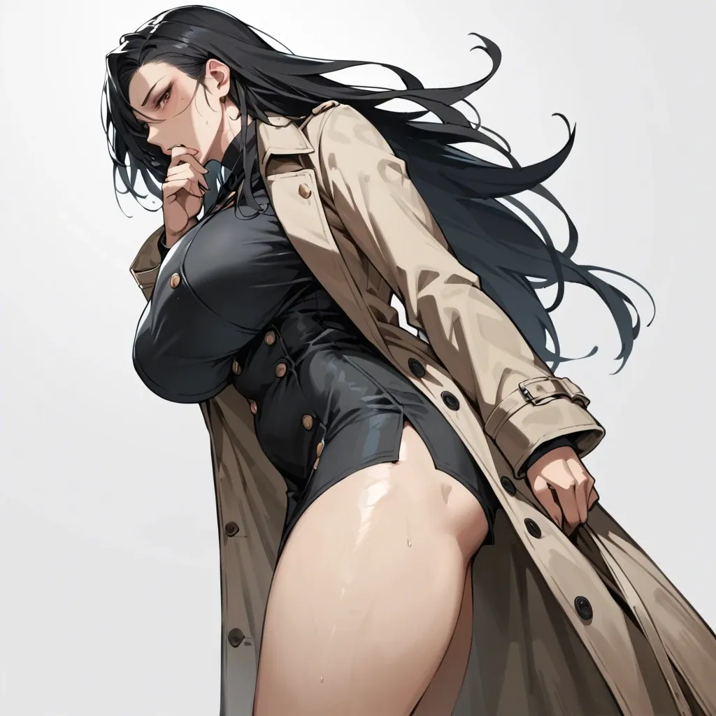 solo,side view,low angle,canted angle,dutch angle,in heat,hand between legs,hand to own mouth,asymmetrical hair,standing,curvy,long sleeves  trench coat,huge breasts,black long hair,simple background,