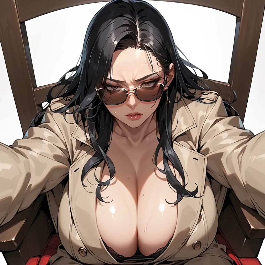 solo,front view,looking down,high angle,blush,close up,face focus,sitting on chair,outstretched arms,leaning forward,cleavage,sunglasses,breast focus,curvy,trench coat,huge breasts,black long hair,simple background,