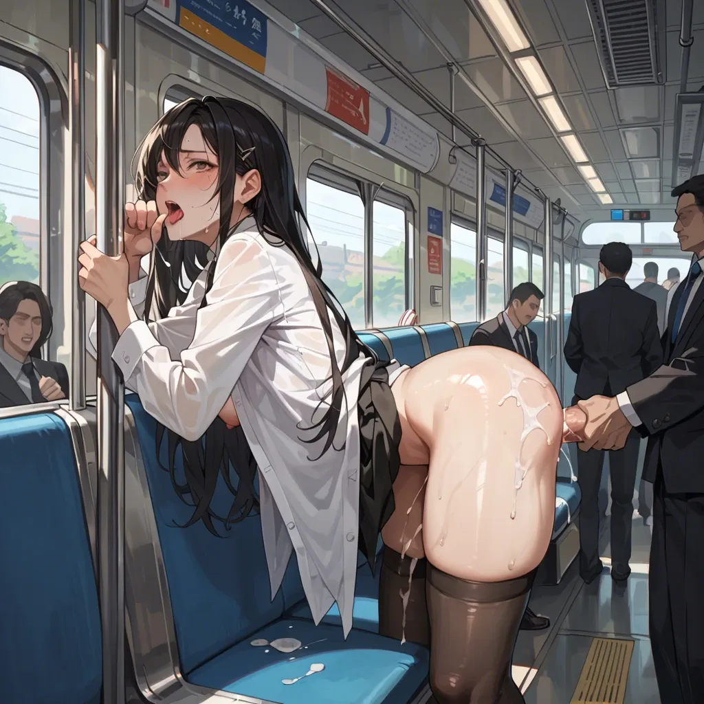 make an anime girl being fucked infront of the crowd inside a train