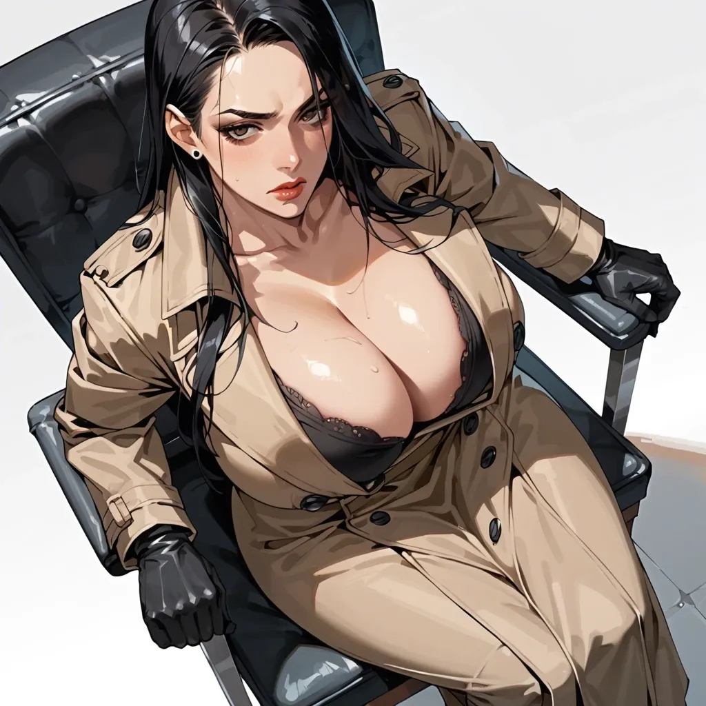 solo,looking side,high angle,sitting on chair,leaning forward,cleavage,breast focus,curvy,trench coat,huge breasts,black long hair,simple background,