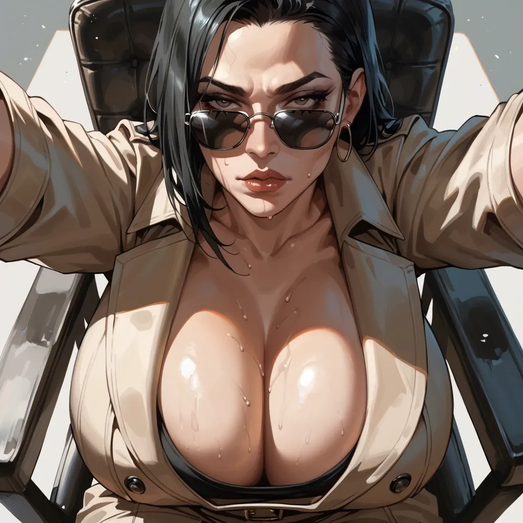 solo,front view,looking down,high angle,bedroom eyes,close up,face focus,in heat,sitting on chair,outstretched arms,arousedleaning forward,cleavage,sunglasses,breast focus,curvy,trench coat,huge breasts,black long hair,simple background,