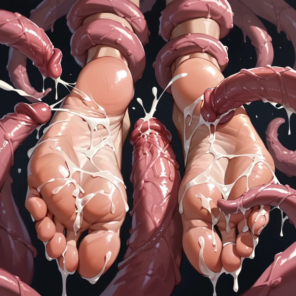 milf in the belly of tentacle monster, laying on front, many tentacles cumming on her soles, tentacles rubbing her full cum covered soles, many tentacles on soles, too much cum, close up view